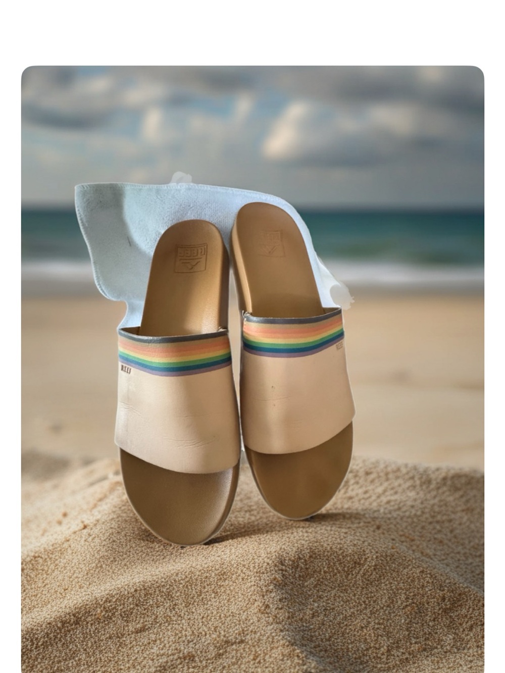 Reef Beige Slide Sandals with Rainbow Trim - Women